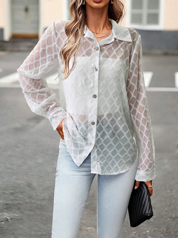 Long Sleeves Loose Buttoned Mesh See-Through Lapel Blouses&Shirts Tops