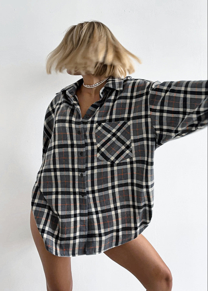 Oversized Button Up Shirt Brushed Cotton Plaid