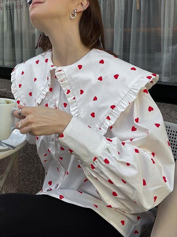Loose Contrast Color Doll Collar Heart Print Blouses&Shirts Tops