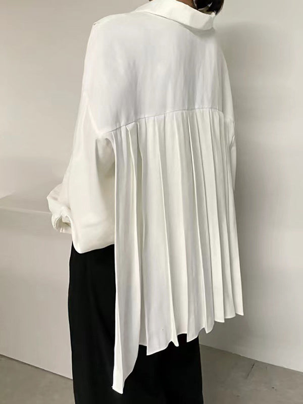 Loose Wrap Buttoned Pleated Solid Color Lapel Blouses&Shirts Tops