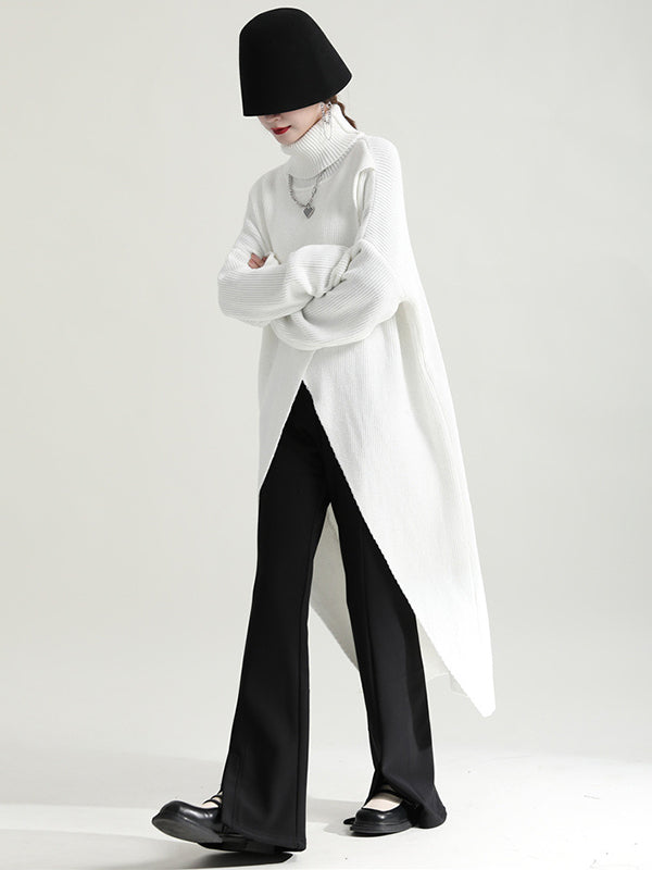 Original High-Low Asymmetric Knitting Dress High-Neck Sweater Dress