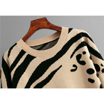 Leopard Print Long Sleeve Crew Neck Loose Sweater