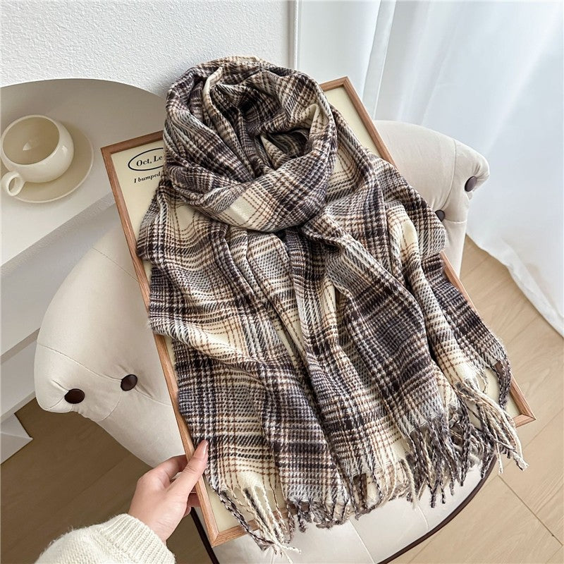 Color Block Plaid Fringe Scarf
