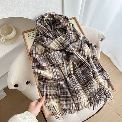 Color Block Plaid Fringe Scarf