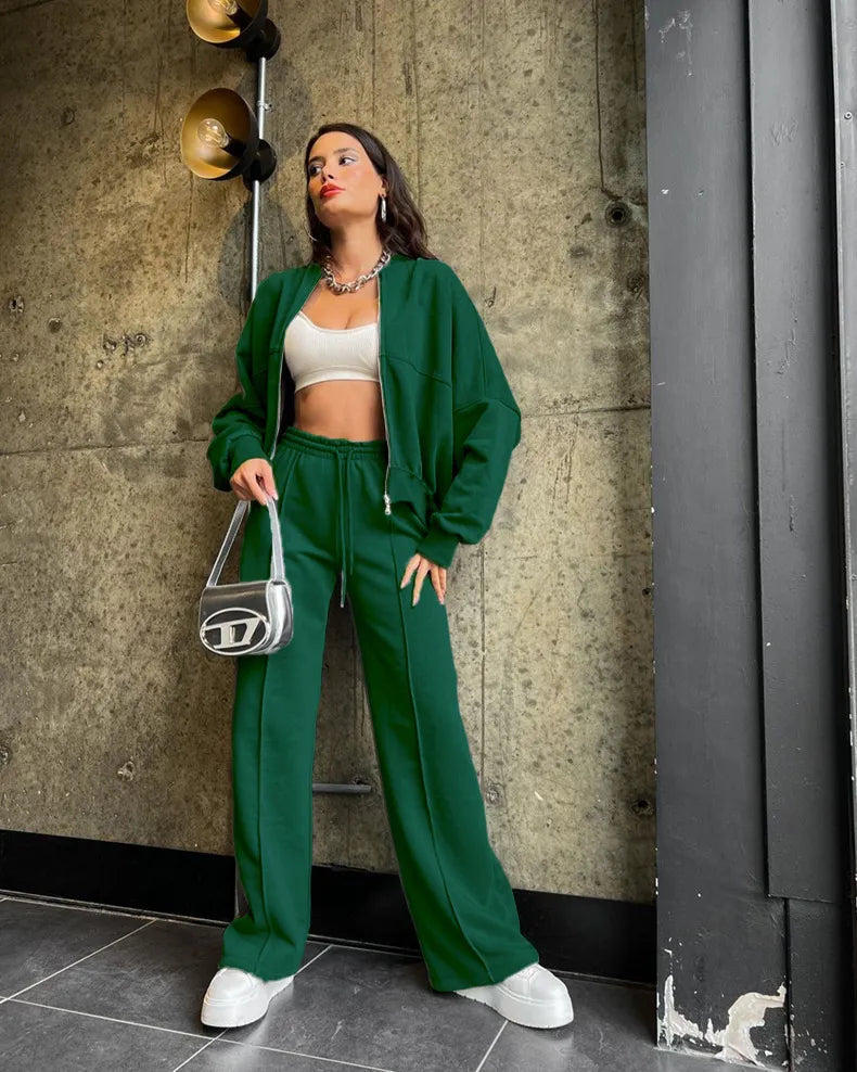 Zip Up Cardigan And Wide Leg Cotton Trousers Set