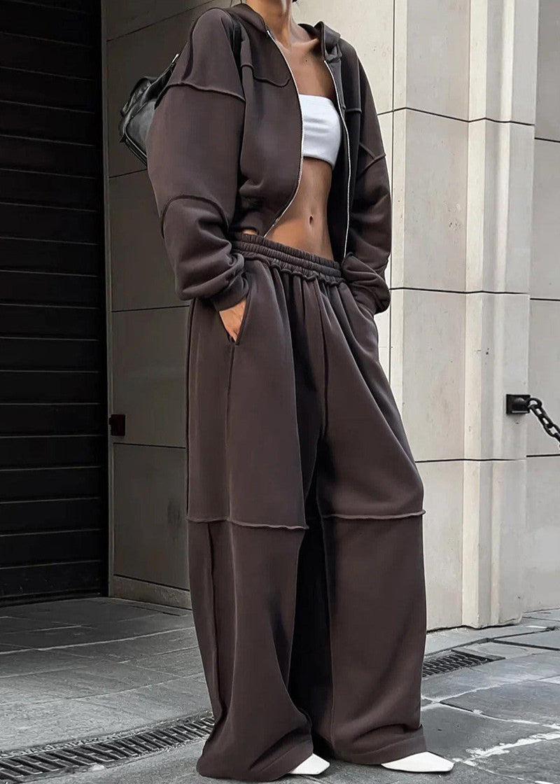 Oversized Polyester Zip Hoodie And Wide Leg Pants Set