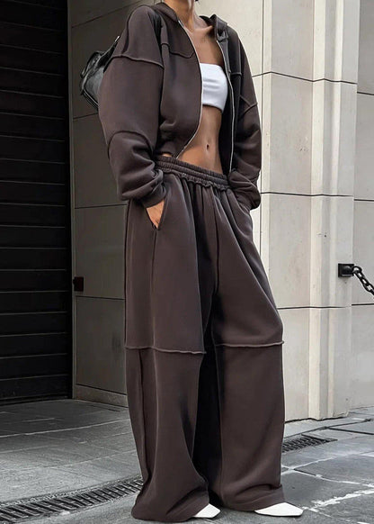 Oversized Polyester Zip Hoodie And Wide Leg Pants Set