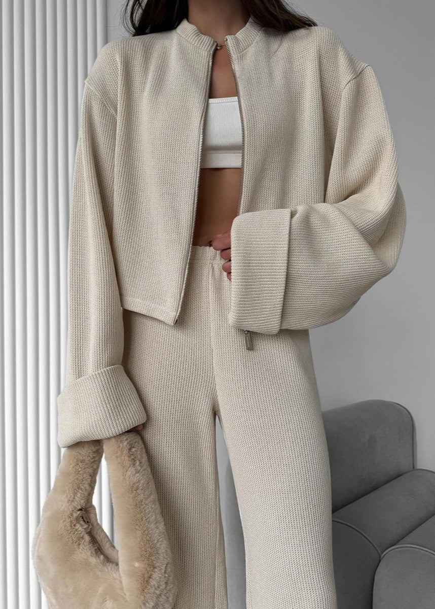 Knit Lounge Set Ribbed Blend Zip Jacket And Wide-Leg Pants