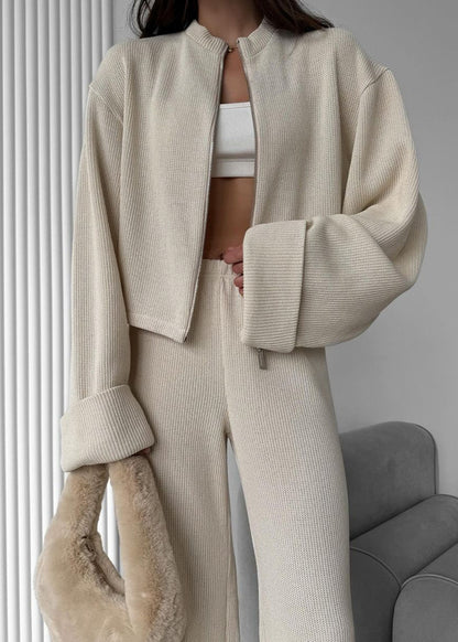 Knit Lounge Set Ribbed Blend Zip Jacket And Wide-Leg Pants