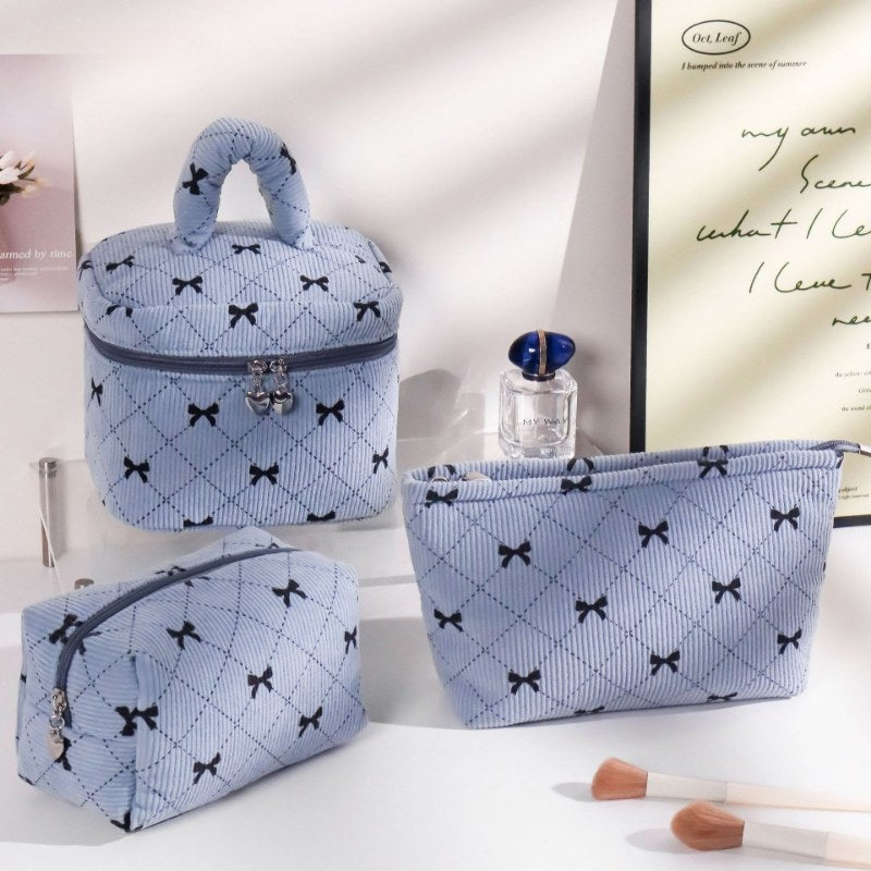 Corduroy Bow Print Large Capacity Make Up Bag
