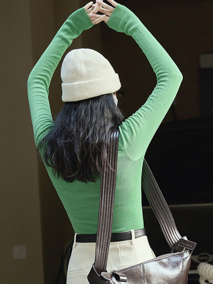 Korean-Style Long Sleeves Solid Color High-Neck Sweater Tops