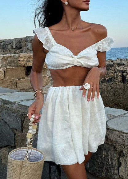 Two Piece Linen Set Off Shoulder Crop Top And Skirt