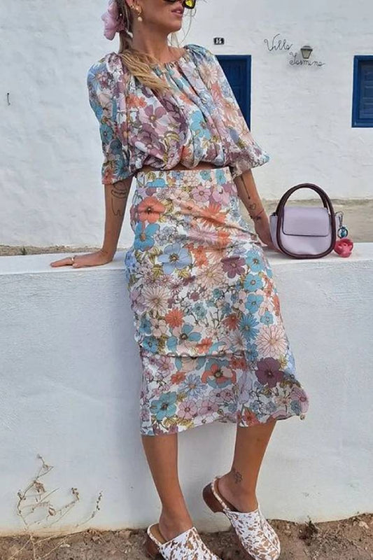 Holiday Floral Print Top \u0026 Skirt Two-Piece Set