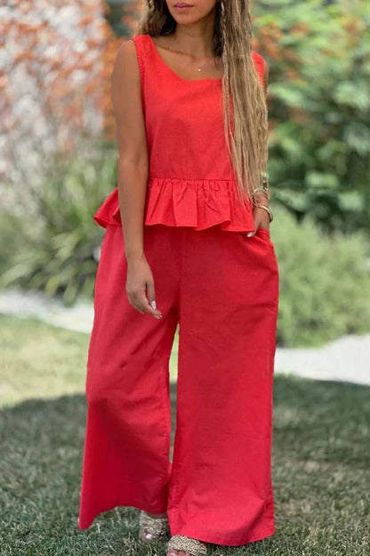 Cotton And Linen Solid Color Sleeveless Top \u0026 Wide Leg Pants Two-Piece Set
