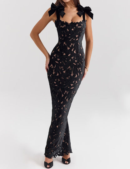Bow Hollow Wrap Split Maxi Dress