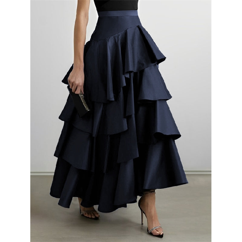 A-Line High Waisted Falbala Solid Color Long Skirts
