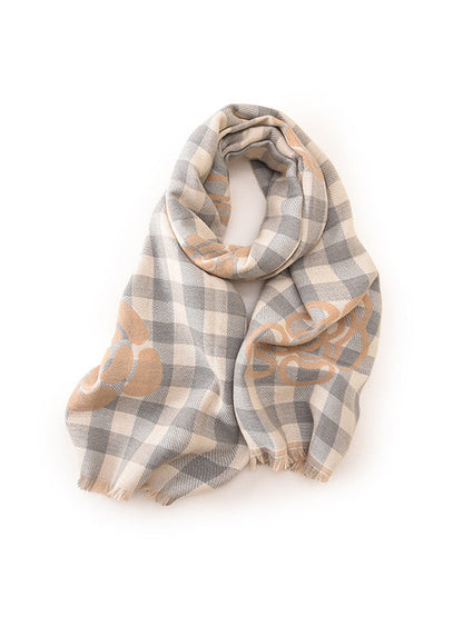 Fringed Keep Warm Knitted Flower Plaid Shawl&Scarf