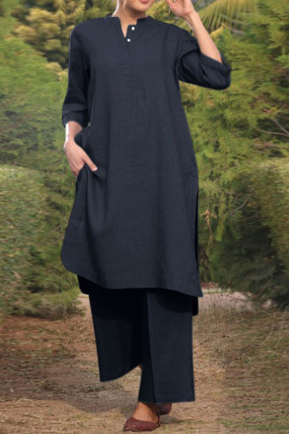 Cotton and linen V-neck 3\/4 sleeve wide brimmed pants 2-piece set