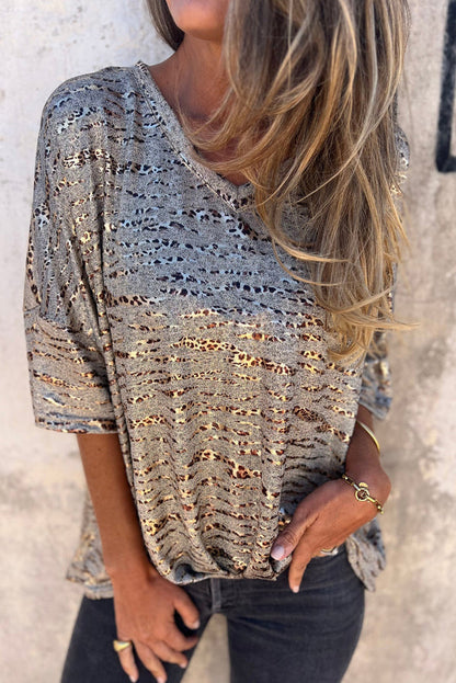 Gray Leopard Print 3\/4 Sleeve V Neck Loose Fit T Shirt