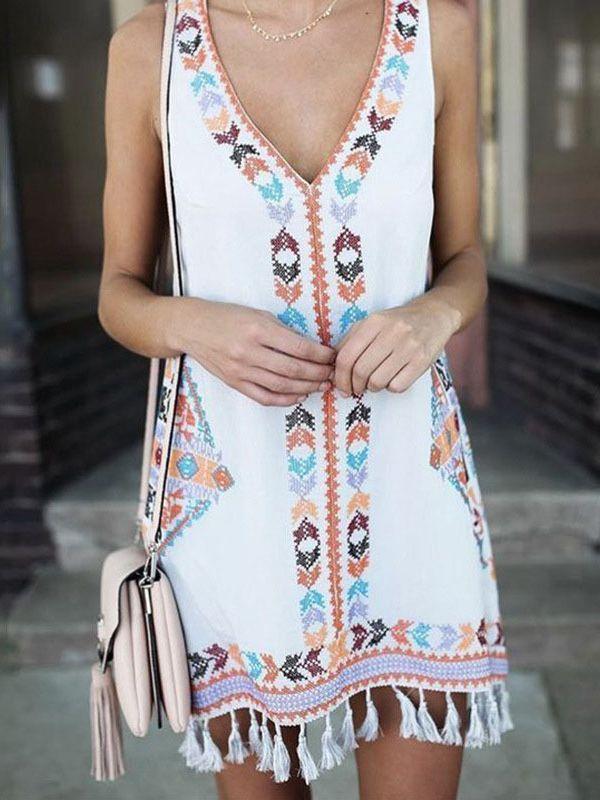 Loose A-Word Skirt Tassel Folk Print Dress