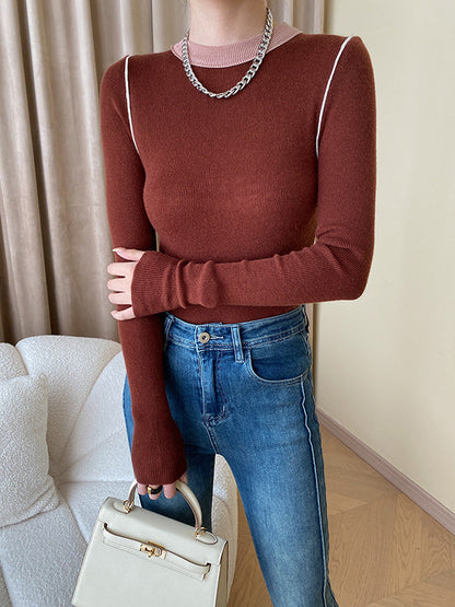 Long Sleeves Skinny Contrast Color Split-Joint Round-Neck Pullovers Sweater Tops