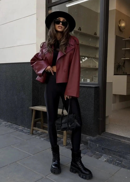 Cropped Leather Jacket With Oversized Lapels