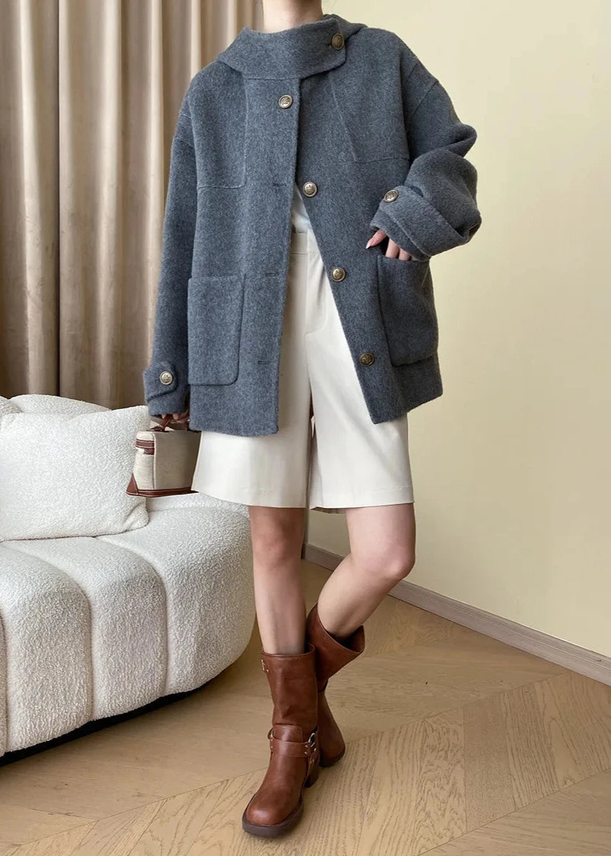 Wool Blend Buttoned Coat with Stand Collar