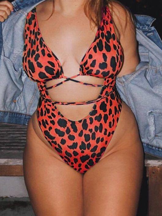Leopard Openwork Strap One-Piece Swimsuit One-Piece Bikini