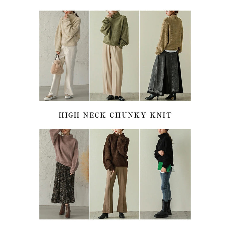 Long Sleeves Loose Solid Color High Neck Knitwear Sweater