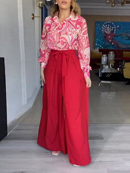 City Printed Shirt & Tied Waist Wide Side Pants Suit