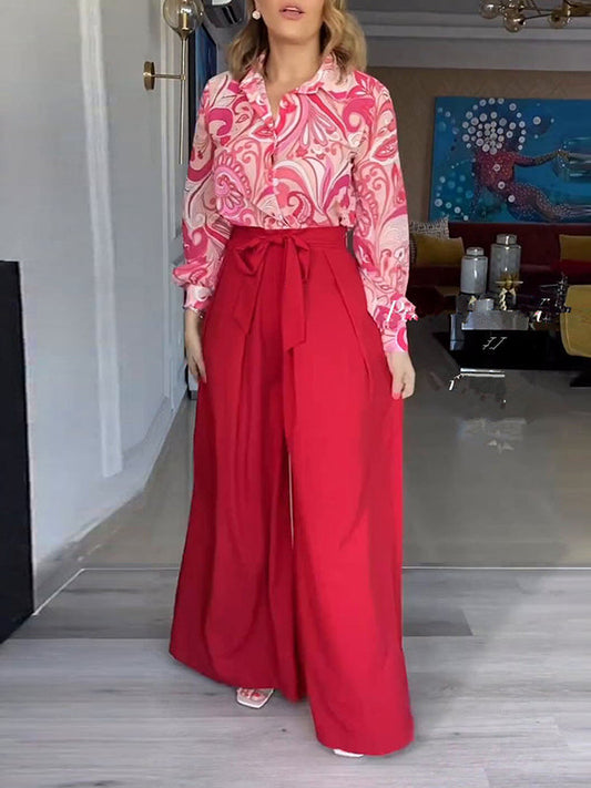 City Printed Shirt & Tied Waist Wide Side Pants Suit