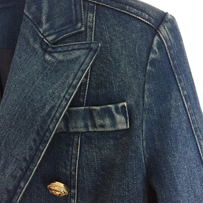 Elegant Double-Breasted Lion Button Denim Jacket