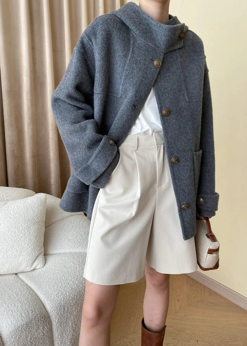 Wool Blend Buttoned Coat with Stand Collar