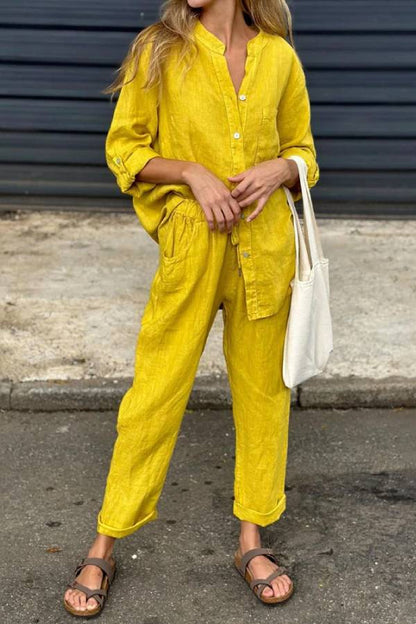 Casual Solid Color V-Neck Shirt \u0026 Pants Cotton Linen Two-Piece Set
