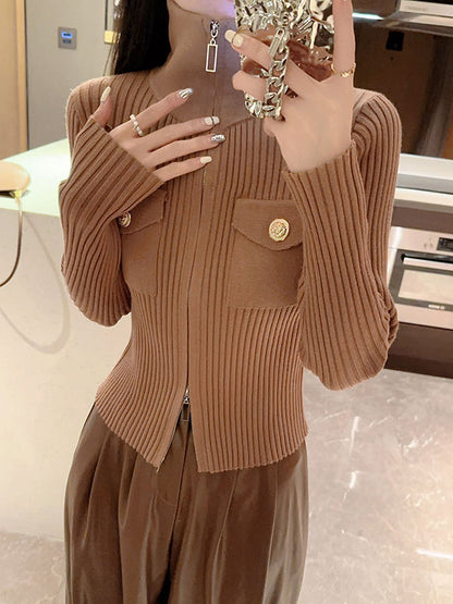 Solid Color Retro Pockets  Zipper Long Sleeves Stand Collar Sweater