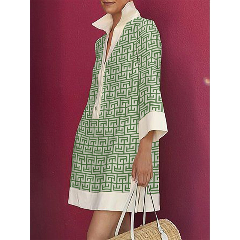 Long Sleeves Three-Quarter Sleeves Buttoned Printed Lapel Mini Dresses Shirt Dress
