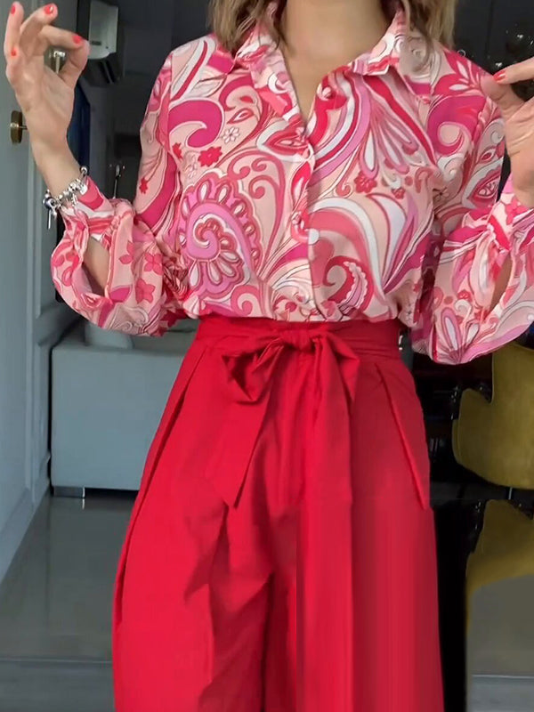 Printed Long Sleeves Buttoned Lapel Blouse + Tied Waist High Waisted Wide Leg Pants Two Pieces Set