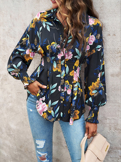 Bishop Sleeve Long Sleeves Buttoned Elasticity Flower Print Pleated Lapel Blouses&Shirts Tops