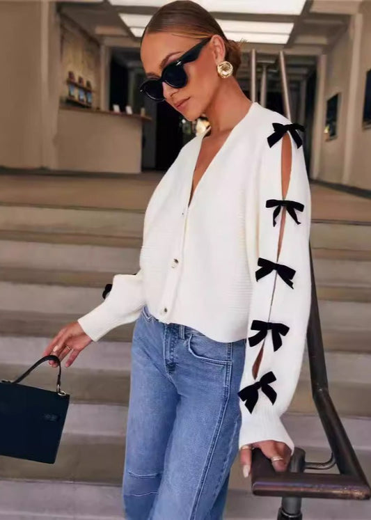 V Neck Knit Cardigan With Bow Accents