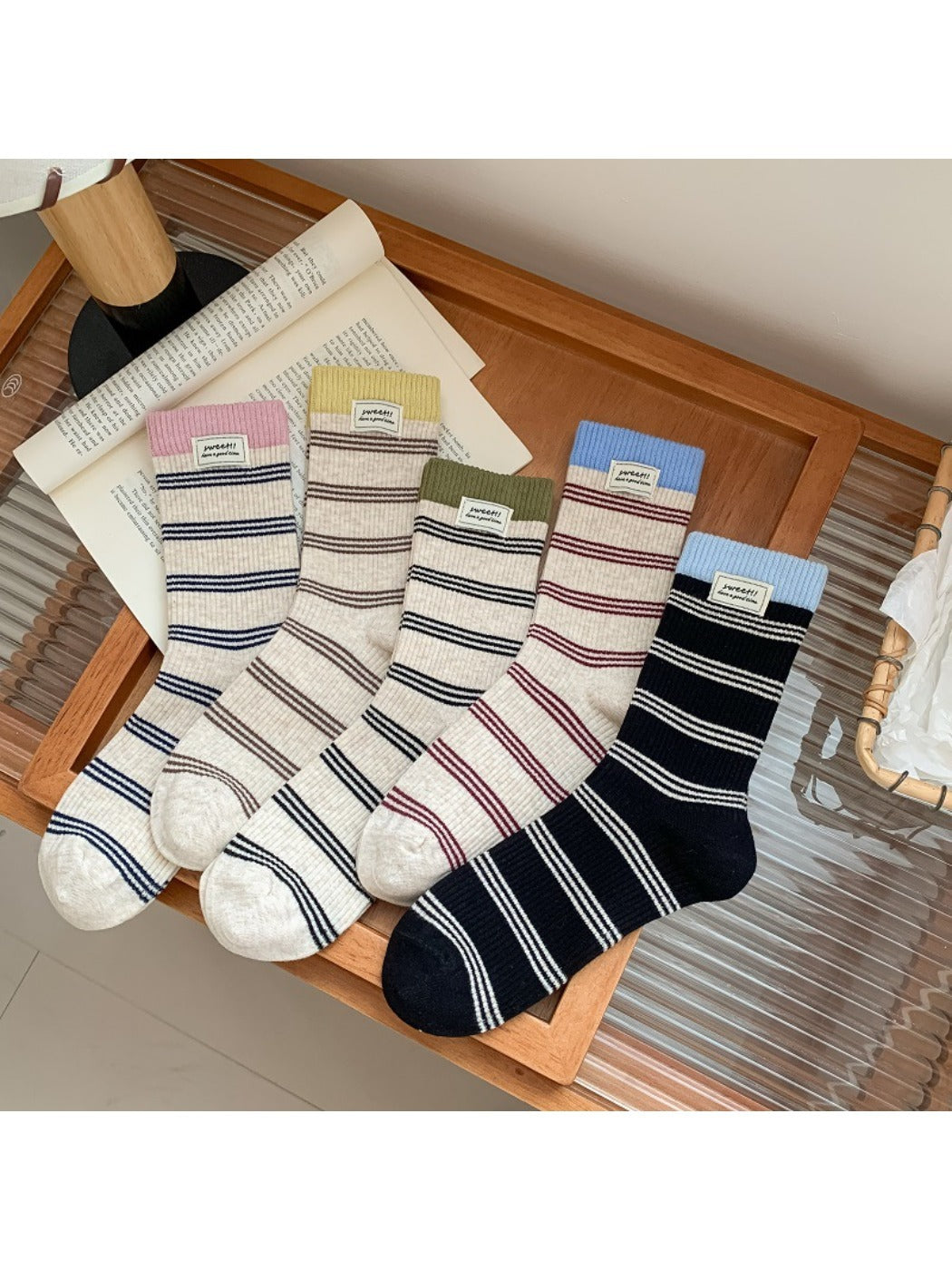 Rufia - Striped Breathable Mid-calf Socks for Women