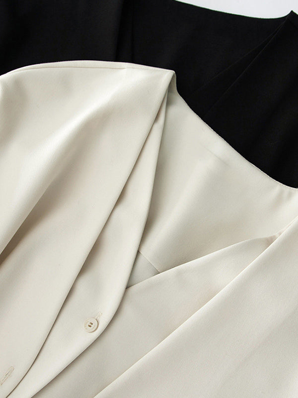 Solid Color V-Cut Double Layered Buttoned Retro Long Sleeves Blouses