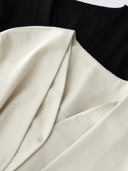 Solid Color V-Cut Double Layered Buttoned Retro Long Sleeves Blouses
