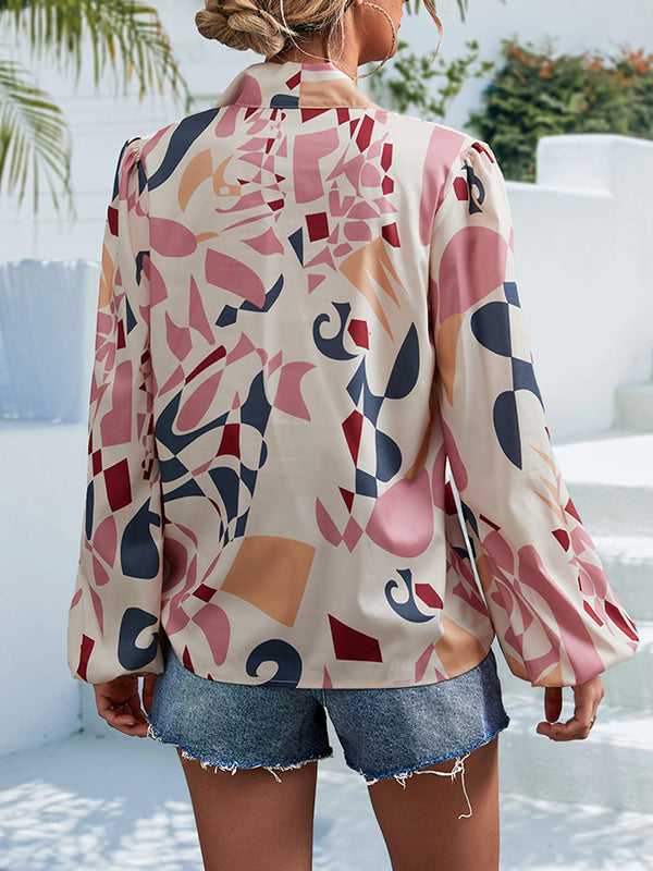 Bishop Sleeve Long Sleeves Elasticity Printed Tied V-Neck Blouses&Shirts Tops