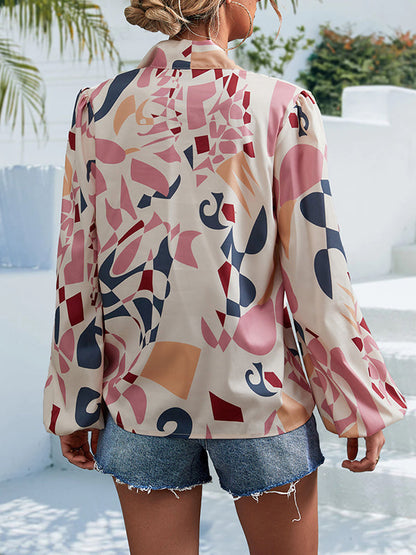 Bishop Sleeve Long Sleeves Elasticity Printed Tied V-Neck Blouses&Shirts Tops