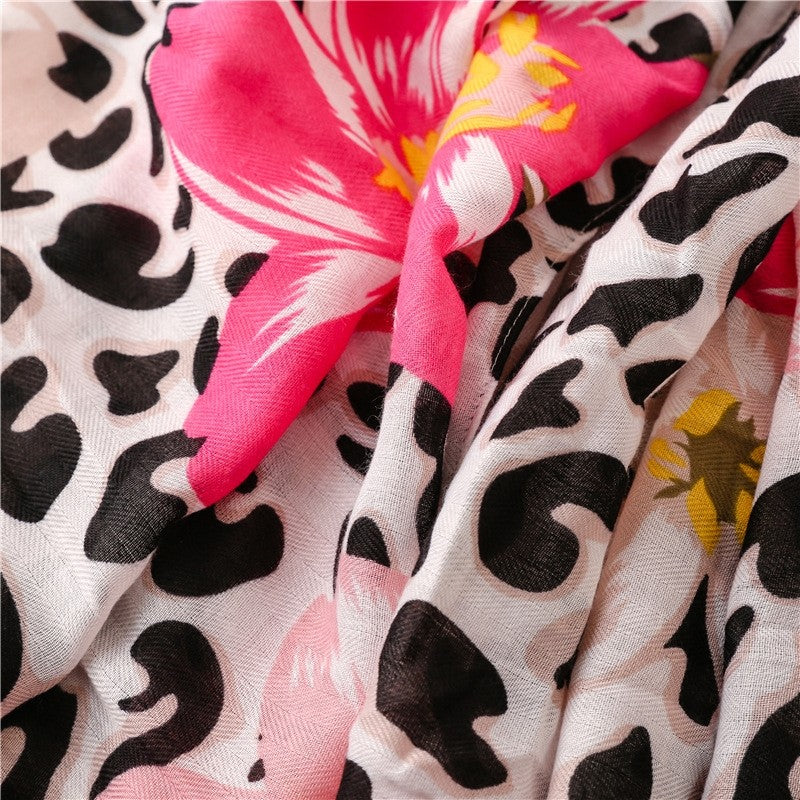 Tropical Plant Floral Leopard Contrast Scarf