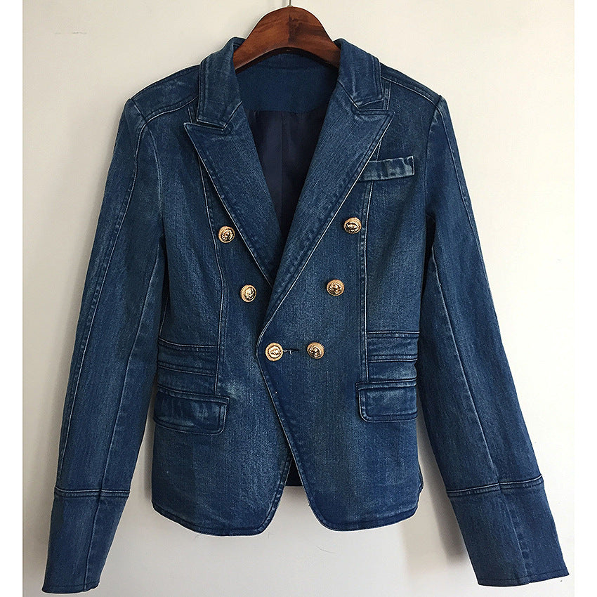 Elegant Double-Breasted Lion Button Denim Jacket