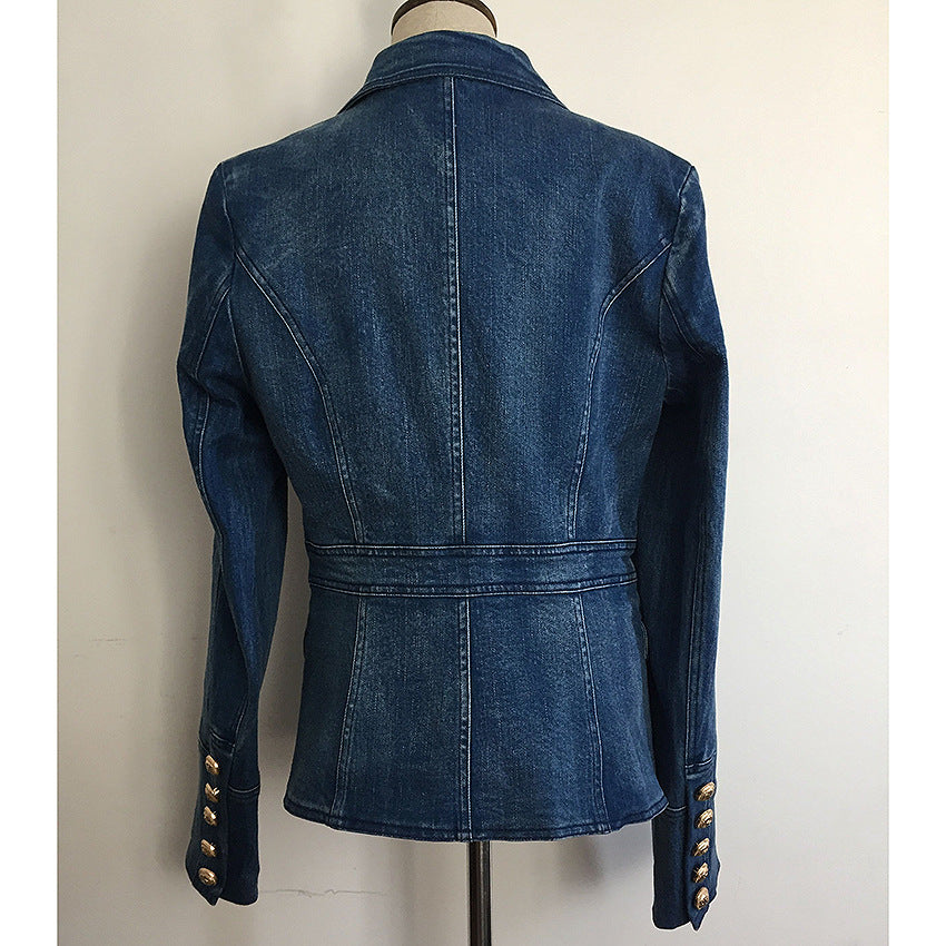 Elegant Double-Breasted Lion Button Denim Jacket
