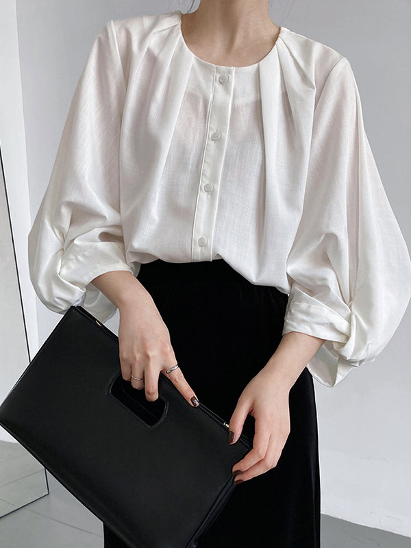 High-Low Loose Pleated See-Through Solid Color Split-Joint Round-Neck Blouses