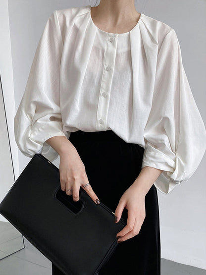 High-Low Loose Pleated See-Through Solid Color Split-Joint Round-Neck Blouses