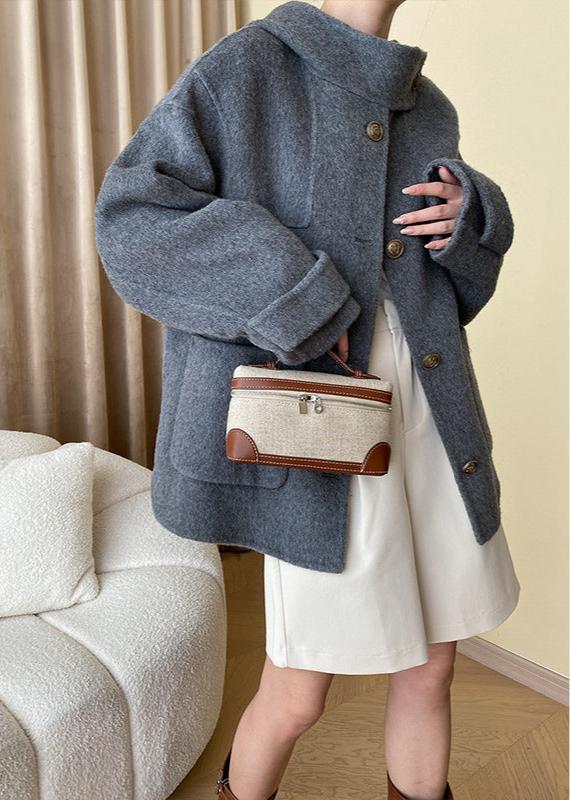 Wool Blend Buttoned Coat with Stand Collar